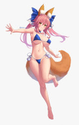 Rule 34 | 1girl, absurdres, animal ear fluff, animal ears, bare shoulders, bikini, blue bikini, blush, breasts, fate/extella, fate/extra, fate/extra ccc, fate (series), fox ears, fox girl, fox tail, full body, hair ornament, hair ribbon, highres, large breasts, long hair, looking at viewer, navel, pink hair, revision, ribbon, side-tie bikini bottom, simple background, smile, solo, swimsuit, tail, tamamo (fate), tamamo no mae (fate/extra), tansui san (tcjp4784), white background, yellow eyes