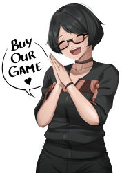 Rule 34 | 1girl, :d, ^ ^, absurdres, black-framed eyewear, black hair, black jacket, black pants, blush, breasts, brown choker, choker, closed eyes, collarbone, commentary, english commentary, english text, glasses, hands up, head tilt, heart, highres, jacket, lulu-chan92, nakamura ikumi, open mouth, palms together, pants, real life, round teeth, semi-rimless eyewear, short hair, short sleeves, simple background, small breasts, smile, solo, speech bubble, teeth, twitter username, under-rim eyewear, upper teeth only, white background