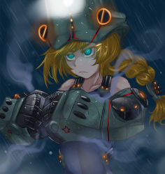 Rule 34 | 1girl, blonde hair, braid, cherno alpha, cracking knuckles, dos (james30226), glowing, glowing eyes, green eyes, jaeger (pacific rim), legendary pictures, long hair, mecha musume, mechanical arms, one-piece swimsuit, pacific rim, pan pacific defense corps, rain, roll of nickels (pacific rim), single braid, swimsuit