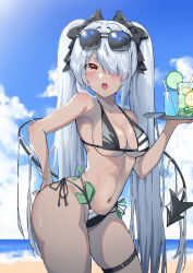 Rule 34 | 1girl, absurdres, arm behind back, bare arms, bare shoulders, beach, belt, bikini, black bikini, black bow, blue archive, blue sky, blurry, blurry background, bow, breasts, cloud, cloudy sky, commentary, contrapposto, cowboy shot, cup, dark-skinned female, dark skin, day, demon tail, drinking glass, eyewear on head, fuyoko, grey hair, hair bow, hair over one eye, halo, highres, holding, holding tray, horizon, iori (blue archive), iori (swimsuit) (blue archive), long hair, looking at viewer, medium breasts, money, multi-strapped bikini bottom, navel, object in clothes, object in swimsuit, ocean, one eye covered, open mouth, outdoors, pointy ears, red eyes, side-tie bikini bottom, sky, solo, stomach, string bikini, sunglasses, sunlight, swimsuit, tail, teeth, thigh belt, thigh strap, tray, tucked money, twintails, upper teeth only, very long hair