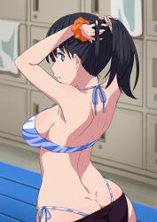 Rule 34 | 1girl, absurdres, armpits, arms behind head, arms up, asanaya, ass, back, bare shoulders, bikini, black hair, blue eyes, breasts, butt crack, duplicate, gridman universe, highres, long hair, looking at viewer, looking back, medium breasts, orange scrunchie, parted lips, pixel-perfect duplicate, ponytail, scrunchie, solo, ssss.gridman, swimsuit, takarada rikka, thong bikini, tying hair, whale tail (clothing), wrist scrunchie