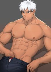 Rule 34 | 1boy, abs, absurdres, alternate costume, archer (fate), archer (summer casual) (fate), bara, brown eyes, dark-skinned male, dark skin, fate/grand order, fate/stay night, fate (series), glasses, highres, large pectorals, male focus, manly, mikicat, muscular, nipples, pectorals, short hair, solo, topless male, upper body, white hair