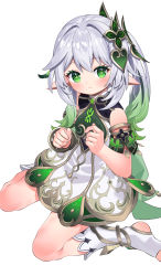 Rule 34 | 1girl, asymmetrical hair, bare shoulders, blush, bracelet, cape, closed mouth, commentary request, cross-shaped pupils, detached sleeves, dress, elf, eyelashes, gem, genshin impact, gold trim, gradient hair, green cape, green eyes, green hair, green sleeves, grey hair, hair between eyes, hair intakes, hair ornament, hands up, highres, jewelry, looking at viewer, multicolored hair, nahida (genshin impact), pointy ears, ponytail, short sleeves, side ponytail, sidelocks, simple background, sitting, sleeveless, sleeveless dress, smile, socks, solo, stirrup legwear, symbol-shaped pupils, toeless legwear, wariza, white background, white dress, white socks, yuujin (yuzinn333)