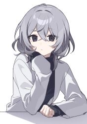 Rule 34 | ahoge, black eyes, black shirt, closed mouth, grey hair, hair between eyes, hair intakes, hijiri (resetter), jacket, long sleeves, looking at viewer, open clothes, open jacket, original, shadow, shirt, simple background, sleeves past wrists, solo, turtleneck, upper body, white background, white jacket