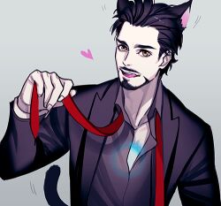 Rule 34 | 1boy, animal ears, animification, arc reactor, black hair, black jacket, black shirt, brown eyes, cat ears, cat tail, collarbone, collared jacket, collared shirt, commentary, english commentary, facial hair, fingernails, ginmu, gradient background, grey background, hand up, heart, iron man (series), jacket, kemonomimi mode, long sleeves, looking at viewer, lowres, male focus, marvel, marvel cinematic universe, necktie, open clothes, open jacket, open mouth, red necktie, shirt, short hair, simple background, smile, solo, standing, tail, teeth, tongue, tongue out, tony stark