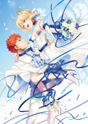 Rule 34 | 1boy, 1girl, :d, ahoge, alternate costume, arm around waist, artoria pendragon (all), artoria pendragon (fate), bare shoulders, blonde hair, blue background, blue choker, blue nails, blue ribbon, bouquet, bow, carrying, choker, closed mouth, collarbone, couple, crown, detached sleeves, dress, emiya shirou, eye contact, fate/stay night, fate (series), feet out of frame, floating clothes, floating hair, flower, full body, green eyes, hair between eyes, hair bow, hair bun, hair ribbon, hand on another&#039;s shoulder, happy, hetero, high heels, highres, holding, holding bouquet, juliet sleeves, knees together feet apart, leg ribbon, long ribbon, long sleeves, looking at another, medium hair, mini crown, nail polish, open mouth, orange hair, otama (atama ohanabatake), princess carry, profile, puffy sleeves, ribbon, rose, saber (fate), short hair, simple background, single hair bun, smile, spiked hair, standing, strapless, strapless dress, teeth, upper teeth only, wedding dress, white bow, white dress, white flower, white footwear, white rose, white sleeves, yellow eyes