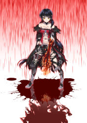 Rule 34 | 1girl, absurdres, armor, bare shoulders, belt, black hair, blood, boots, breasts, coat, highres, long hair, navel, reflection, short shorts, shorts, tales of (series), tales of berseria, torn clothes, underboob, velvet crowe, very long hair, yellow eyes