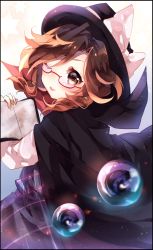 Rule 34 | 1girl, asada sadao, bad id, bad twitter id, blush, book, border, brown eyes, brown hair, cape, dress, glasses, gradient background, hat, hat ribbon, highres, long sleeves, looking at viewer, low twintails, one eye closed, open book, orb, plaid, plaid dress, red-framed eyewear, ribbon, smile, solo, tongue, tongue out, touhou, twintails, usami sumireko