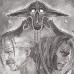 Rule 34 | 3boys, armor, ashimashiki, bad id, bad pixiv id, commentary request, facial hair, from side, frown, glowing, glowing eyes, grahf, greyscale, hairband, helmet, id (xenogears), khan wong, long hair, looking at viewer, male focus, monochrome, multiple boys, mustache, xenogears