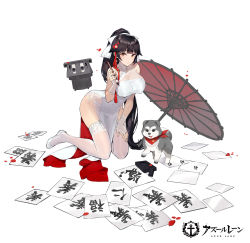 Rule 34 | 1girl, alternate costume, animal, azur lane, bandana, bare shoulders, bent over, black hair, blunt bangs, bow, breasts, bridal gauntlets, calligraphy brush, china dress, chinese clothes, closed mouth, collarbone, copyright name, covered navel, dog, dress, eyebrows, fingernails, flower, full body, garter straps, hair bow, hair flower, hair ornament, hand on own thigh, high ponytail, highres, holding, holding paintbrush, kishiyo, kneeling, large breasts, long hair, looking at viewer, official art, oil-paper umbrella, orange eyes, paintbrush, paw print, pelvic curtain, red umbrella, shiba inu, shoes, side slit, sleeveless, sleeveless dress, solo, tachi-e, takao (azur lane), thighhighs, turret, umbrella, white background, white bow, white dress, white footwear, white thighhighs