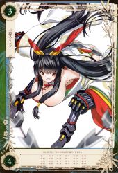 Rule 34 | 1girl, absurdres, black hair, breasts, cleavage, highres, huge breasts, kaguya (queen&#039;s blade), leotard, long hair, official art, queen&#039;s blade, queen&#039;s blade grimoire, red eyes, saitou masatsugu, simple background, twintails, very long hair, weapon