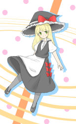 Rule 34 | 1girl, absurdres, black footwear, black hat, black skirt, black vest, blonde hair, blush, bow, closed mouth, collared shirt, commentary request, cookie (touhou), frilled bow, frills, full body, green eyes, grey pantyhose, hat, hat bow, highres, kirisame marisa, koga (cookie), long hair, looking to the side, pantyhose, puffy short sleeves, puffy sleeves, red bow, shirt, shoes, short sleeves, skirt, smile, solo, touhou, vest, white shirt, witch hat, yumekamaborosh