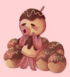 Rule 34 | 1boy, animal crossing, bulbacactus, commentary, english commentary, food, full body, highres, male focus, nintendo, octopus, pink background, simple background, solo, takoyaki, tears, tentacles, zucker (animal crossing)