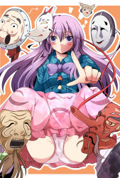 Rule 34 | 1girl, blush, bow, bubble skirt, earmuffs, expressionless, fox mask, hata no kokoro, highres, long hair, long sleeves, looking at viewer, mask, new mask of hope, noh mask, open mouth, outline, panties, pantyshot, plaid, plaid shirt, pointing, pointing at viewer, purple eyes, purple hair, shino (moment), shirt, short hair, skirt, smile, solo, star (symbol), tengu mask, touhou, toyosatomimi no miko, underwear, upskirt, very long hair