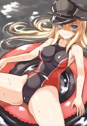 Rule 34 | 10s, 1girl, bismarck (kancolle), blonde hair, blue eyes, blush, breasts, cameltoe, competition swimsuit, female focus, gradient background, hat, highres, impossible clothes, innertube, kantai collection, large breasts, long hair, looking at viewer, military hat, ohta yuichi, one-piece swimsuit, peaked cap, smile, solo, swim ring, swimsuit, water, wet