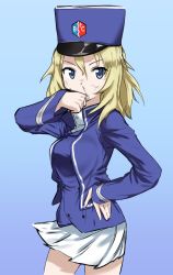Rule 34 | 10s, 1girl, bc freedom (emblem), bc freedom military uniform, blonde hair, blood, blue background, blue eyes, blue hat, blue jacket, blue vest, closed mouth, cowboy shot, dirty, dirty face, dress shirt, emblem, fankupl, frown, girls und panzer, hat, high collar, highres, jacket, long sleeves, looking at viewer, medium hair, messy hair, military, military hat, military uniform, miniskirt, nosebleed, oshida (girls und panzer), pleated skirt, shako cap, shirt, simple background, skirt, solo, standing, uniform, vest, white shirt, white skirt, wind, wiping face