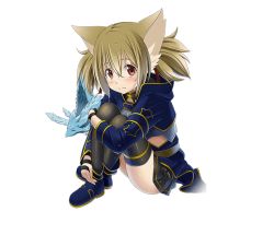 Rule 34 | 1girl, animal ears, armor, black skirt, black thighhighs, breastplate, brown hair, cat ears, full body, hugging own legs, long hair, mini dragon, miniskirt, pina (sao), pleated skirt, shiny clothes, shiny skin, silica, silica (sao-alo), sitting, skirt, solo, sword art online, thighhighs, transparent background, twintails, wet, wet hair