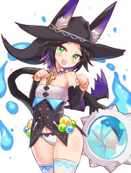Rule 34 | 1girl, animal ears, ass, ball and chain (weapon), black hair, black hat, black shirt, black sleeves, blue hair, cat ears, cat girl, cat tail, collar, commentary, cougar (cougar1404), cowboy shot, cross, detached collar, detached sleeves, ears through headwear, green eyes, hat, head tilt, levilina (cougar1404), looking at viewer, multicolored hair, navel, no pants, open mouth, original, panties, paw pose, reflection, shirt, simple background, solo, standing, strapless, strapless shirt, tail, thighhighs, two-tone hair, underwear, white background, white collar, white panties, white thighhighs, witch hat