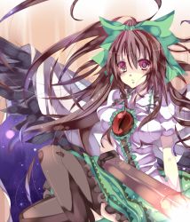 Rule 34 | 1girl, arm cannon, ascot, bad id, bad pixiv id, bow, breasts, cape, female focus, hair bow, heath41, long hair, open mouth, red eyes, reiuji utsuho, skirt, solo, thighhighs, touhou, weapon, wings