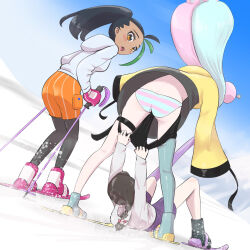 Rule 34 | 3girls, accidental exposure, accidental pervert, aqua hair, arms up, ass, assisted exposure, back, black hair, brown hair, clothes pull, creatures (company), d:, dark-skinned female, dark skin, day, fallen down, flat ass, full body, game freak, high ponytail, highres, holding ski pole, hood, hood down, hoodie, iono (pokemon), jacket, juliana (pokemon), leaning forward, leggings, legs apart, light blush, long hair, long sleeves, looking at another, lying, microsd (pibo), multicolored hair, multiple girls, nemona (pokemon), nintendo, on back, open mouth, orange eyes, outdoors, outstretched arms, paid reward available, panties, pink hair, pokemon, pokemon sv, ponytail, pulling another&#039;s clothes, shorts, shorts pull, single thighhigh, ski boots, ski gear, ski pole, skiing, skis, snow, striped clothes, striped panties, thigh strap, thighhighs, two-tone hair, underwear, very long hair, wide sleeves, yellow jacket