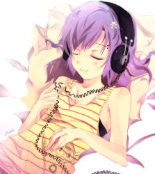 Rule 34 | 1girl, bed, closed eyes, headphones, lying, on back, original, pillow, purple hair, solo