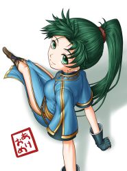 Rule 34 | 1girl, boots, earrings, fingerless gloves, fire emblem, fire emblem: the blazing blade, foreshortening, gloves, green eyes, green hair, high ponytail, highres, jewelry, long hair, lyn (fire emblem), matching hair/eyes, nintendo, perspective, ponytail, side slit, smile, solo, soyo2106