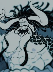 Rule 34 | 1boy, abs, arm tattoo, beard, cape, chest tattoo, facial hair, hair slicked back, highres, horns, kaidou (one piece), long hair, male focus, muscular, muscular male, mustache, no eyebrows, one piece, pectorals, rope, scar, scar on stomach, serious, shoulder tattoo, solo, stomach, tattoo, topless male, twitter username, upper body, youkan (tako)