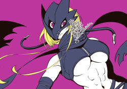 1girl abs bare_shoulders beelstarmon belt belt_collar black_belt black_mask black_pants black_scarf blonde_hair breasts collar commentary_request cowboy_shot cropped_vest digimon digimon_(creature) eye_mask gloves highres large_breasts long_hair looking_at_viewer mask navel no_jacket pants paruko_(baalbeel11) purple_background purple_eyes scarf sidelocks signature simple_background slit_pupils solo standing stomach third_eye tight_clothes underboob vest zipper