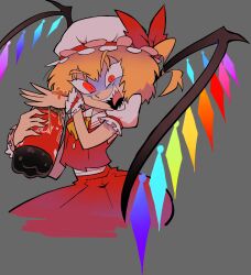 Rule 34 | 1girl, blonde hair, bottle, coca-cola, cola, collared shirt, draculoid, fang, flandre scarlet, hat, highres, mob cap, one side up, puffy short sleeves, puffy sleeves, red eyes, red vest, shirt, short hair, short sleeves, slit pupils, smile, soda, soda bottle, toon (style), touhou, vest, white headwear, white shirt