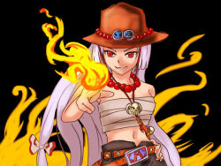 Rule 34 | 1girl, amatou3, black background, cosplay, female focus, fire, fujiwara no mokou, grin, hand on own hip, hat, hip focus, jewelry, long hair, necklace, one piece, portgas d. ace, portgas d. ace (cosplay), power connection, sarashi, skull, smile, solo, touhou