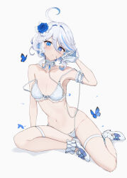 Rule 34 | 1girl, :/, absurdres, ahoge, alternate costume, arm support, armband, armlet, bikini, blue bikini, blue butterfly, blue eyes, blue flower, blue hair, blue rose, bow, bow bra, bra, breasts, bug, butterfly, chain, choker, cleavage, commentary, cowlick, drop-shaped pupils, feint721, flower, footwear bow, frilled choker, frills, full body, furina (genshin impact), g-string, genshin impact, gloves, hair between eyes, hair flower, hair ornament, hand on own face, heterochromia, high heels, highleg, highres, insect, looking at viewer, medium breasts, medium hair, navel, off shoulder, rose, simple background, sitting, skindentation, solo, stomach, strap slip, swimsuit, symbol-shaped pupils, thigh strap, thong, underwear, veil, white background, white bra, white choker, white footwear, white gloves, white hair, yokozuwari