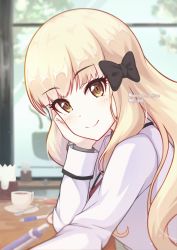 Rule 34 | 1girl, blonde hair, highres, long hair, princess connect!, px 310, saren (princess connect!), school uniform, smile, tagme, yellow background