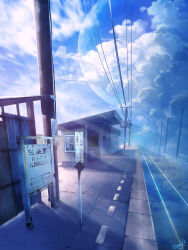 Rule 34 | absurdres, blue sky, blue theme, building, chain-link fence, cloud, cloudy sky, day, fence, highres, light rays, no humans, original, outdoors, planet, power lines, scenery, sign, sky, smile (qd4nsvik), sunbeam, sunlight, train station, utility pole