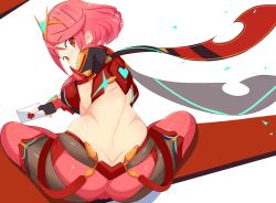 Rule 34 | 1girl, back, black gloves, bob cut, breasts, earrings, fingerless gloves, from behind, gloves, jellcaps, jewelry, large breasts, looking at viewer, nintendo, pantyhose, pantyhose under shorts, pyra (xenoblade), red eyes, red hair, red shorts, red thighhighs, shiny skin, short hair, short shorts, shorts, sitting, smash invitation, solo, super smash bros., swept bangs, thighhighs, tiara, xenoblade chronicles (series), xenoblade chronicles 2