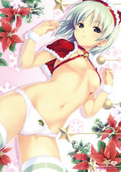 Rule 34 | 1girl, absurdres, bell, blue eyes, breasts, christmas ornaments, collar, flower, highres, koutaro, lying, neck bell, no bra, open clothes, open shirt, original, panties, shirt, short hair, silver hair, skindentation, solo, striped clothes, striped thighhighs, thighhighs, underwear