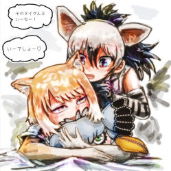 Rule 34 | 2girls, aardwolf (kemono friends), aardwolf print, animal ears, arm rest, behind another, black hair, blush, brown eyes, brown hair, commentary request, elbow gloves, extra ears, fox ears, gloves, grey hair, hair between eyes, high ponytail, hug, kemono friends, long hair, looking at another, looking up, medium hair, multicolored hair, multiple girls, nose blush, open mouth, parted bangs, ponytail, print gloves, shirt, shoebill (kemono friends), short sleeves, sleeveless, sleeveless shirt, stealstitaniums, stuffed toy, tibetan fox (kemono friends), translation request, two-tone hair, upper body, white hair