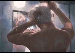 Rule 34 | 1boy, back, bathroom, brown eyes, dated, dripping, indoors, kinsatsu (grizzled), light, male focus, mirror, nude, original, reflection, short hair, showering, solo, tile wall, tiles, twitter username, upper body, water, white hair
