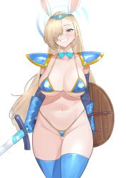 Rule 34 | 1girl, absurdres, animal ears, armor, asuna (blue archive), asuna (bunny) (blue archive), bikini armor, blonde hair, blue archive, blue armor, blue bow, blue bowtie, blue eyes, blue gloves, blue thighhighs, bow, bowtie, breasts, cleavage, detached collar, dragon quest, fake animal ears, gloves, grin, groin, hair over one eye, halo, highres, holding, holding shield, holding sword, holding weapon, large breasts, long hair, navel, rabbit ears, shield, shio05 (05 sio), shoulder armor, sideboob, smile, solo, stomach, swimsuit, sword, thigh gap, thighhighs, underboob, very long hair, weapon