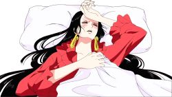 Rule 34 | 1girl, amazon lily, bed, black hair, blush, boa hancock, breasts, cleavage, earrings, closed eyes, female focus, fever, jewelry, long hair, one piece, solo