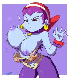 Rule 34 | 1girl, assisted exposure, bad id, bad tumblr id, bandana, bare shoulders, blue skin, bone bra, bone panties, bouncing breasts, breasts, colored skin, disembodied hand, earrings, jewelry, large breasts, nipples, pirate, red eyes, risky boots, shantae (series), signature, solo focus, spicy bardo, thighs