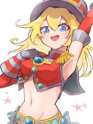 Rule 34 | 1girl, arm up, armpits, blonde hair, blue eyes, breasts, cleavage, cleavage cutout, clothing cutout, crop top, duel monster, hat, highres, long hair, looking at viewer, medium breasts, midriff, navel, nooa (souzikisuki), pendulum witch, red shirt, shirt, smile, solo, star (symbol), top hat, yu-gi-oh!