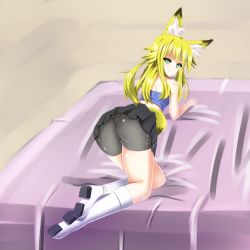 Rule 34 | 1girl, all fours, animal ears, ass, bare shoulders, bike shorts, blonde hair, boots, female focus, fox ears, fox tail, from behind, green eyes, grin, highres, kokonoe tsubaki, long hair, looking at viewer, looking back, panties, pantyshot, shiny clothes, shiny skin, skirt, smile, solo, strapless, tail, taisai, tube top, underwear, upskirt