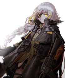 Rule 34 | 1girl, assault rifle, bad id, bad twitter id, blonde hair, braid, closed mouth, commentary, eyepatch, girls&#039; frontline, gloves, gun, jacket, long hair, m16, m16a1, m16a1 (boss) (girls&#039; frontline), m16a1 (girls&#039; frontline), mole, mole under eye, multicolored hair, rifle, scar, silence girl, silver hair, solo, streaked hair, weapon, white background, yellow eyes