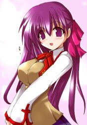 Rule 34 | 00s, 1girl, bow, bowtie, cowboy shot, fate/stay night, fate (series), long hair, long sleeves, looking at viewer, matou sakura, pink background, purple eyes, purple hair, purple skirt, red bow, red bowtie, shirt, simple background, skirt, solo, sweatdrop, sweater vest, v arms, white shirt