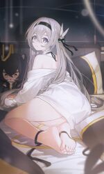 absurdres bare_shoulders barefoot feet firefly_(honkai:_star_rail) grey_hair hair_ornament hairband highres honkai:_star_rail honkai_(series) long_hair loose_clothes pillow soles string stuffed_toy toes vespark