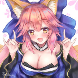 Rule 34 | 1girl, absurdres, animal ear fluff, animal ears, bare shoulders, blue kimono, blue ribbon, blush, breasts, cleavage, detached sleeves, double fox shadow puppet, fangs, fate/grand order, fate (series), floral background, fox ears, fox girl, fox shadow puppet, fox tail, hair ribbon, highres, japanese clothes, kimono, large breasts, looking at viewer, martinreaction, multiple tails, open mouth, pink hair, ribbon, signature, solo, tail, tamamo (fate), tamamo no mae (fate/extra), yellow eyes