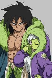 Rule 34 | 1boy, 1girl, ;p, abs, akanbe, alternate costume, bad id, bad twitter id, belt, blue coat, breasts, broly (dragon ball super), cheelai, coat, commentary request, dirty, dirty clothes, dirty face, dragon ball, dragon ball super, dragon ball super broly, eyelid pull, finger to eye, finger to face, fingernails, fur coat, grey background, hand on own hip, height difference, hood, hood down, hood up, hooded coat, long sleeves, looking at viewer, medium breasts, one eye closed, outsuki, pectorals, purple coat, purple eyes, scar, shirt, short hair, simple background, standing, tongue, tongue out, upper body, white hair, white shirt