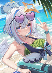 Rule 34 | 1girl, absurdres, amane kanata, angel, angel wings, beach, blue eyes, blue hair, blush, breasts, colored inner hair, commentary request, eyewear on head, feathered wings, food, fruit, glasses, grey hair, grin, hair ornament, halo, heart, heart-shaped eyewear, highres, holding, holding water gun, hololive, hololive summer 2023 swimsuit, juu p, looking at viewer, mini wings, multicolored hair, ocean, official alternate costume, purple eyes, short hair, small breasts, smile, solo, star halo, streaked hair, sunglasses, upao (amane kanata), v, virtual youtuber, water gun, watermelon, wings