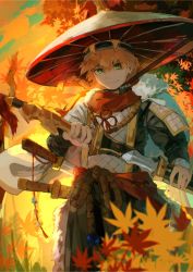 Rule 34 | 1boy, armor, artist name, autumn leaves, blonde hair, green eyes, guardian tales, hat, highres, holding, holding sword, holding weapon, japanese armor, ke, looking at viewer, male knight (guardian tales), official alternate costume, samurai, short hair, smile, standing, sunset, sword, weapon