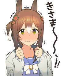 Rule 34 | 1girl, animal ears, ashinowoto, blush, bow, bowtie, brown hair, cardigan, clenched hands, closed mouth, clover hair ornament, fine motion (umamusume), full-face blush, furrowed brow, green eyes, hair bun, hair ornament, hands up, highres, horse ears, long hair, long sleeves, looking at viewer, multicolored hair, purple shirt, sailor collar, shirt, solo, translated, trembling, two-tone hair, umamusume, upper body, wavy mouth, white background